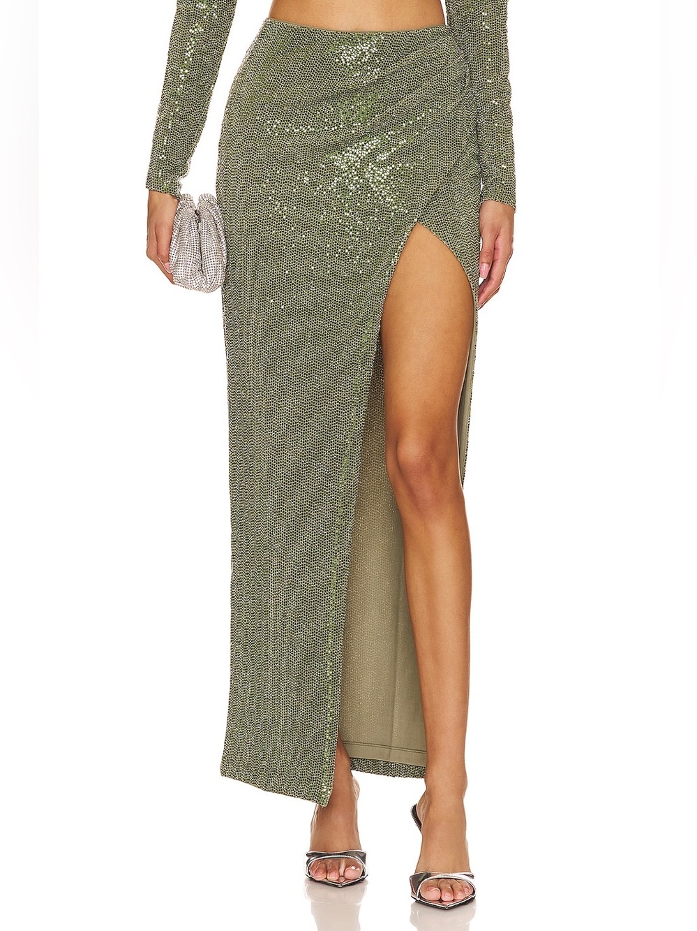 Camila Coelho Martin Sequin Maxi Skirt Olive Green Side Slit Size M Glam